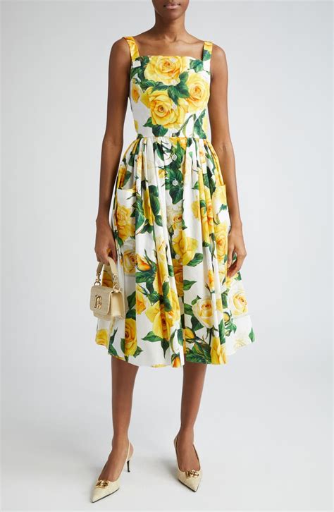 Dolce&Gabbana Rose Print Pleated Cotton Midi .